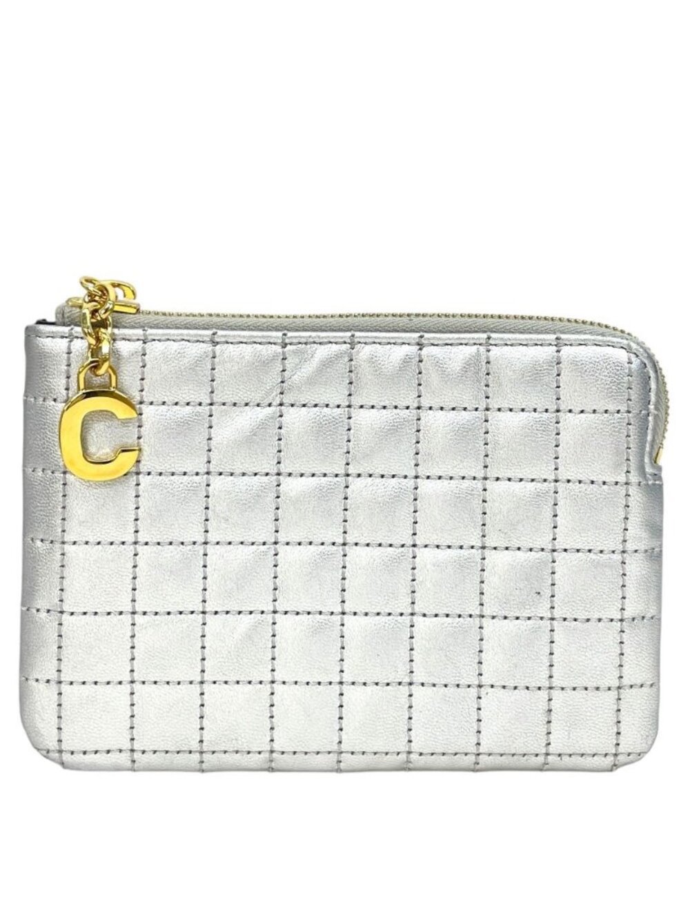 Celine C Charm Coin Purse Card Case Mini Pouch Quilted Leather Silver Simple - Picture 1 of 9